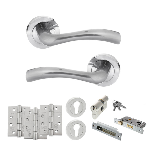 STATUS Texas Door Handle Pack (Euro Lock Set - 3" CE Sashlock, 4" Fire Rated Hinges x3) - Satin Chrome - ADPS35RSC23 - Choice Handles