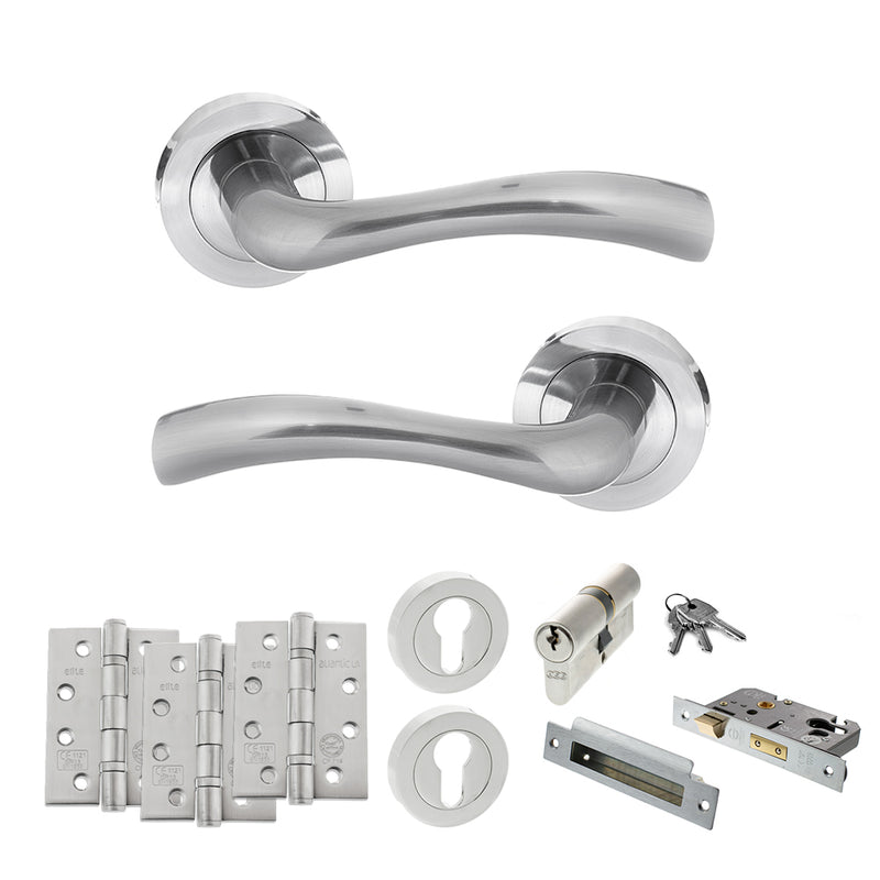 STATUS Texas Door Handle Pack (Euro Lock Set - 3" CE Sashlock, 4" Fire Rated Hinges x3) - Satin Chrome - ADPS35RSC23 - Choice Handles