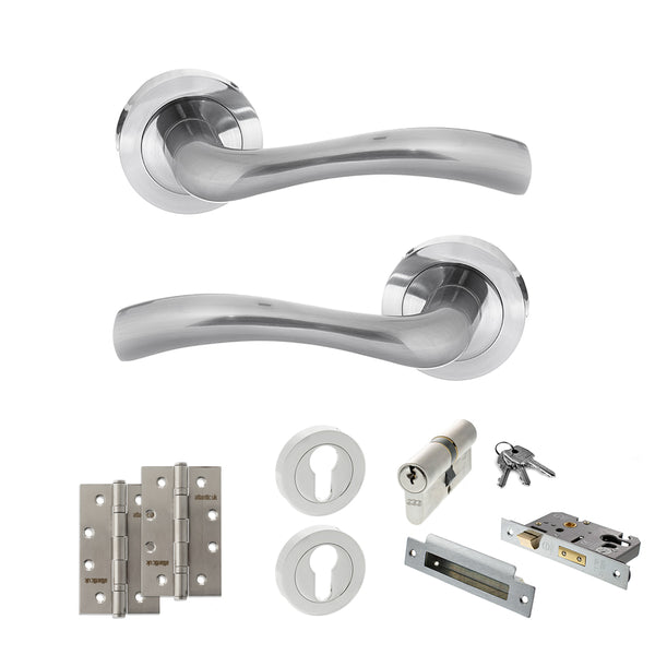 STATUS Texas Door Handle Pack (Euro Lock Set - 3" CE Sashlock, 4" Slim Knuckle Hinges x2) - Satin Chrome - ADPS35RSC25 - Choice Handles