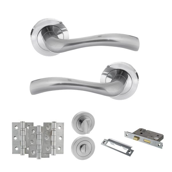 STATUS Texas Door Handle Pack (Bathroom Set - 3" CE Bathroom Lock, 3" Fire Rated Hinges x3) - Satin Chrome - ADPS35RSC9 - Choice Handles