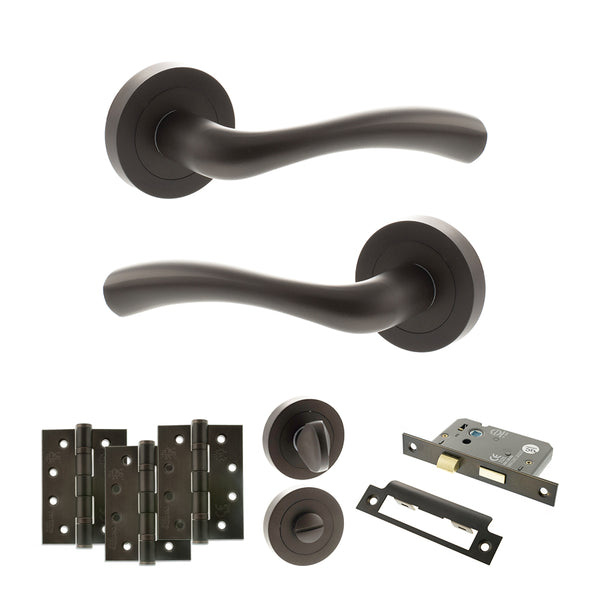 STATUS Texas Door Handle Pack (Bathroom Set - 2.5" CE Bathroom Lock, 4" Fire Rated Hinges x3) - Urban Dark Bronze - ADPS35RUDB10 - Choice Handles