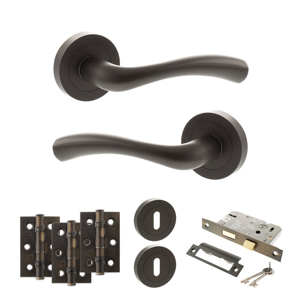 STATUS Texas Door Handle Pack (3 Lever Lock Set - 2.5" CE Sashlock, 3" Fire Rated Hinges x3) - Urban Dark Bronze - ADPS35RUDB14 - Choice Handles
