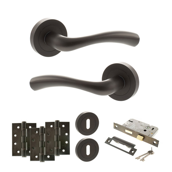 STATUS Texas Door Handle Pack (3 Lever Lock Set - 2.5" CE Sashlock, 4" Fire Rated Hinges x3) - Urban Dark Bronze - ADPS35RUDB16 - Choice Handles
