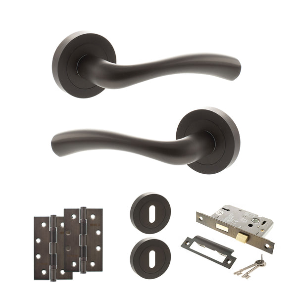 STATUS Texas Door Handle Pack (3 Lever Lock Set - 2.5" CE Sashlock, 4" Slim Knuckle Hinges x2) - Urban Dark Bronze - ADPS35RUDB18 - Choice Handles
