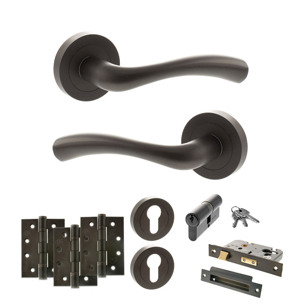 STATUS Texas Door Handle Pack (Euro Lock Set - 2.5" CE Sashlock, 4" Fire Rated Hinges x3) - Urban Dark Bronze - ADPS35RUDB22 - Choice Handles