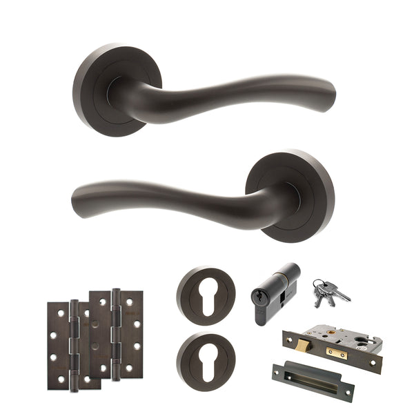 STATUS Texas Door Handle Pack (Euro Lock Set - 2.5" CE Sashlock, 4" Slim Knuckle Hinges x2) - Urban Dark Bronze - ADPS35RUDB24 - Choice Handles