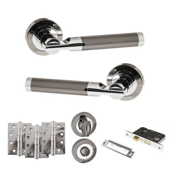 STATUS Dakota Door Handle Pack (Bathroom Set - 2.5" CE Bathroom Lock, 4" Fire Rated Hinges x3) - Black Nickel/Polished Chrome - ADPS36RBNPC10 - Choice Handles
