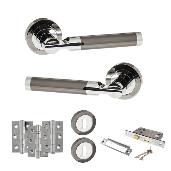 STATUS Dakota Door Handle Pack (3 Lever Lock Set - 2.5" CE Sashlock, 3" Fire Rated Hinges x3) - Black Nickel/Polished Chrome - ADPS36RBNPC14 - Choice Handles