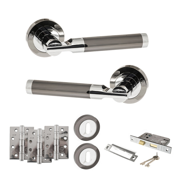 STATUS Dakota Door Handle Pack (3 Lever Lock Set - 2.5" CE Sashlock, 4" Fire Rated Hinges x3) - Black Nickel/Polished Chrome - ADPS36RBNPC16