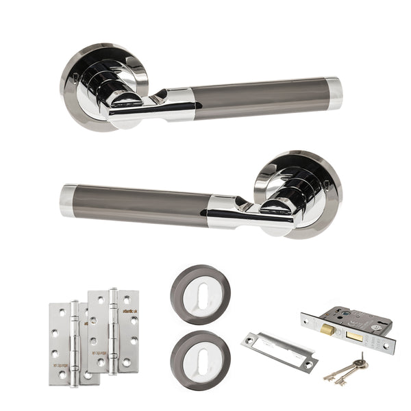 STATUS Dakota Door Handle Pack (3 Lever Lock Set - 3" CE Sashlock, 4" Slim Knuckle Hinges x2) - Black Nickel/Polished Chrome - ADPS36RBNPC19 - Choice Handles