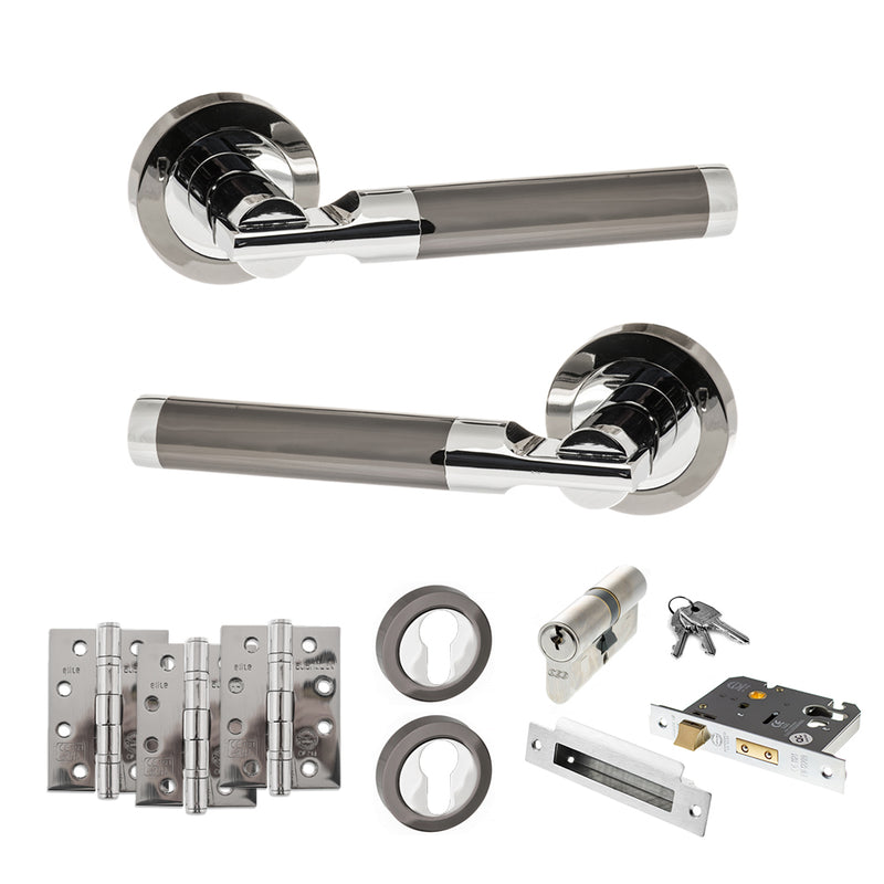 STATUS Dakota Door Handle Pack (Euro Lock Set - 3" CE Sashlock, 4" Fire Rated Hinges x3) - Black Nickel/Polished Chrome - ADPS36RBNPC23 - Choice Handles