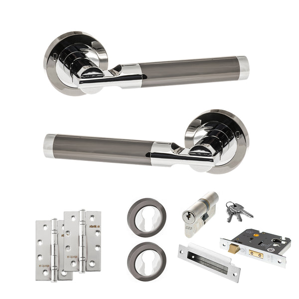 STATUS Dakota Door Handle Pack (Euro Lock Set - 3" CE Sashlock, 4" Slim Knuckle Hinges x2) - Black Nickel/Polished Chrome - ADPS36RBNPC25 - Choice Handles