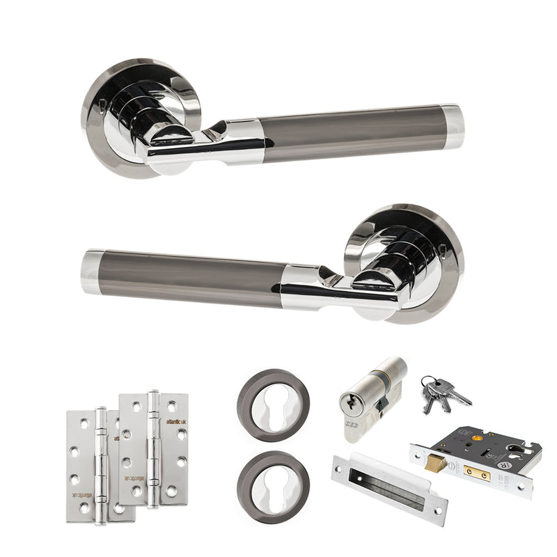 STATUS Dakota Door Handle Pack (Euro Lock Set - 3" CE Sashlock, 4" Slim Knuckle Hinges x2) - Black Nickel/Polished Chrome - ADPS36RBNPC25 - Choice Handles