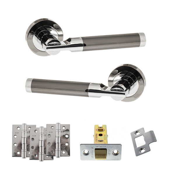 STATUS Dakota Door Handle Pack (Latch Set - 3" CE Latch, 4" Fire Rated Hinges x3) - Black Nickel/Polished Chrome - ADPS36RBNPC4 - Choice Handles