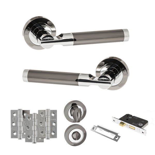 STATUS Dakota Door Handle Pack (Bathroom Set - 3" CE Bathroom Lock, 3" Fire Rated Hinges x3) - Black Nickel/Polished Chrome - ADPS36RBNPC9
