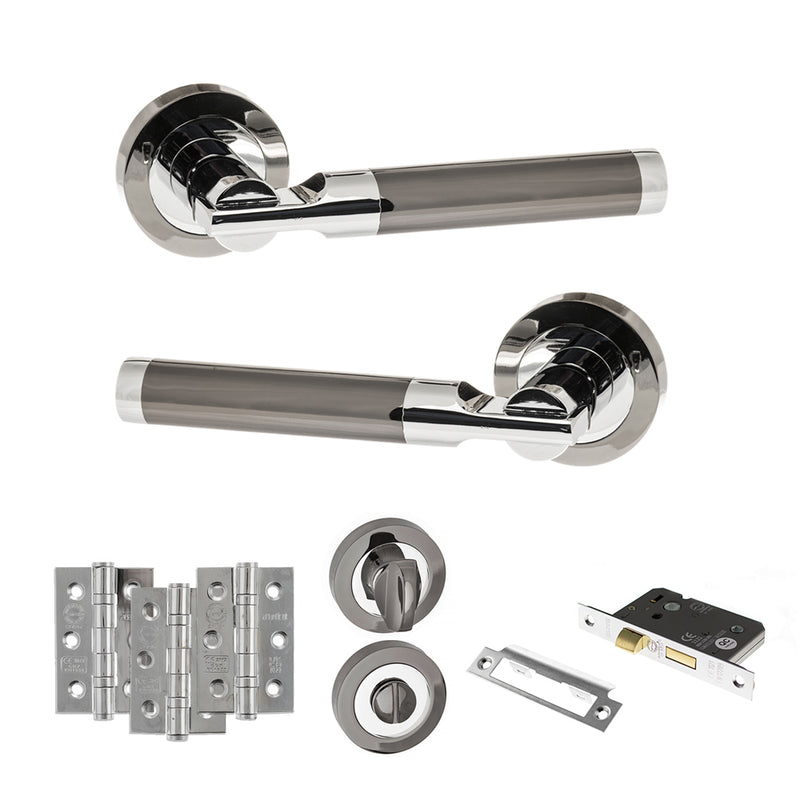 STATUS Dakota Door Handle Pack (Bathroom Set - 3" CE Bathroom Lock, 3" Fire Rated Hinges x3) - Black Nickel/Polished Chrome - ADPS36RBNPC9