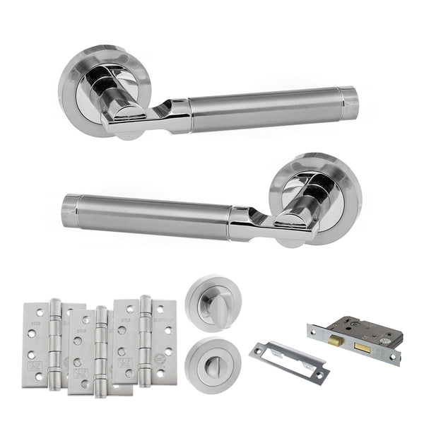 STATUS Dakota Door Handle Pack (Bathroom Set - 2.5" CE Bathroom Lock, 4" Fire Rated Hinges x3) - Satin Chrome/Polished Chrome - ADPS36RSCPC10 - Choice Handles
