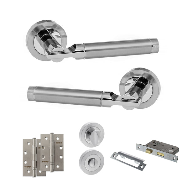 STATUS Dakota Door Handle Pack (Bathroom Set - 2.5" CE Bathroom Lock, 4" Slim Knuckle Hinges x2) - Satin Chrome/Polished Chrome - ADPS36RSCPC12 - Choice Handles