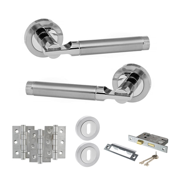 STATUS Dakota Door Handle Pack (3 Lever Lock Set - 2.5" CE Sashlock, 3" Fire Rated Hinges x3) - Satin Chrome/Polished Chrome - ADPS36RSCPC14 - Choice Handles