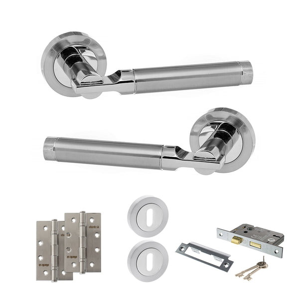 STATUS Dakota Door Handle Pack (3 Lever Lock Set - 3" CE Sashlock, 4" Slim Knuckle Hinges x2) - Satin Chrome/Polished Chrome - ADPS36RSCPC19 - Choice Handles