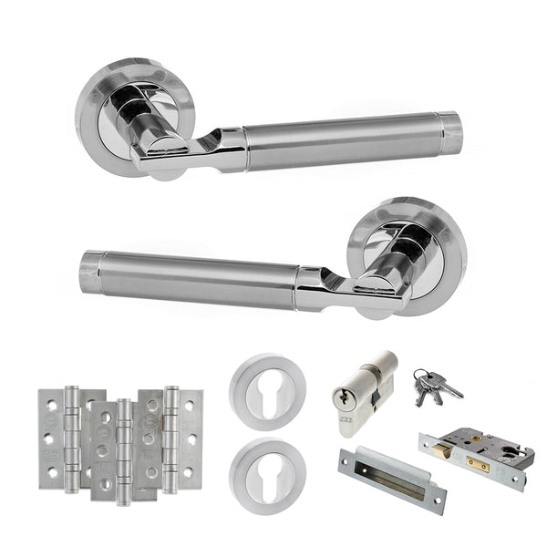 STATUS Dakota Door Handle Pack (Euro Lock Set - 2.5" CE Sashlock, 3" Fire Rated Hinges x3) - Satin Chrome/Polished Chrome - ADPS36RSCPC20 - Choice Handles