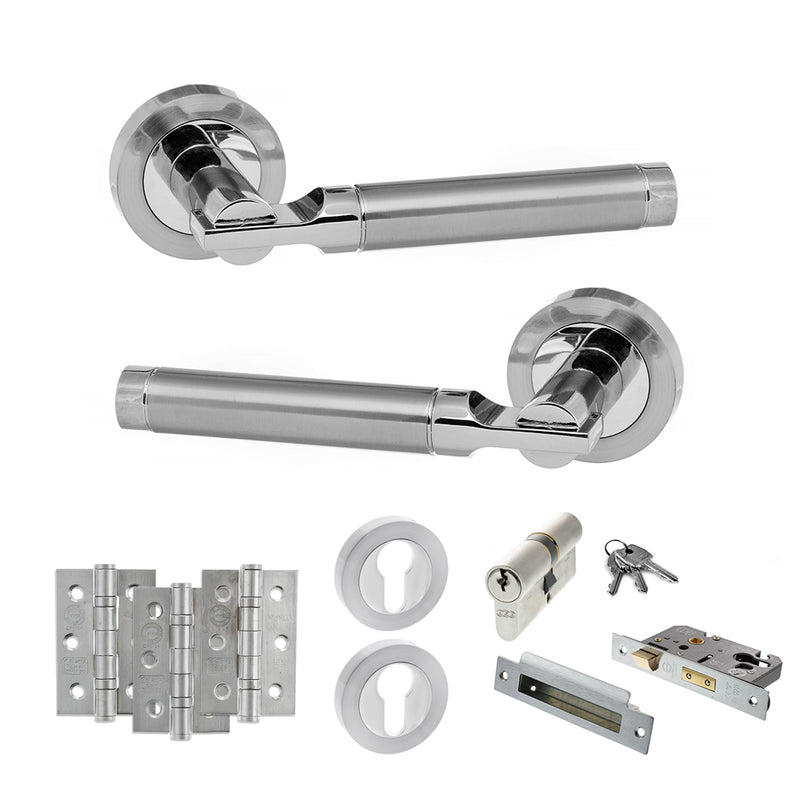 STATUS Dakota Door Handle Pack (Euro Lock Set - 2.5" CE Sashlock, 3" Fire Rated Hinges x3) - Satin Chrome/Polished Chrome - ADPS36RSCPC20 - Choice Handles