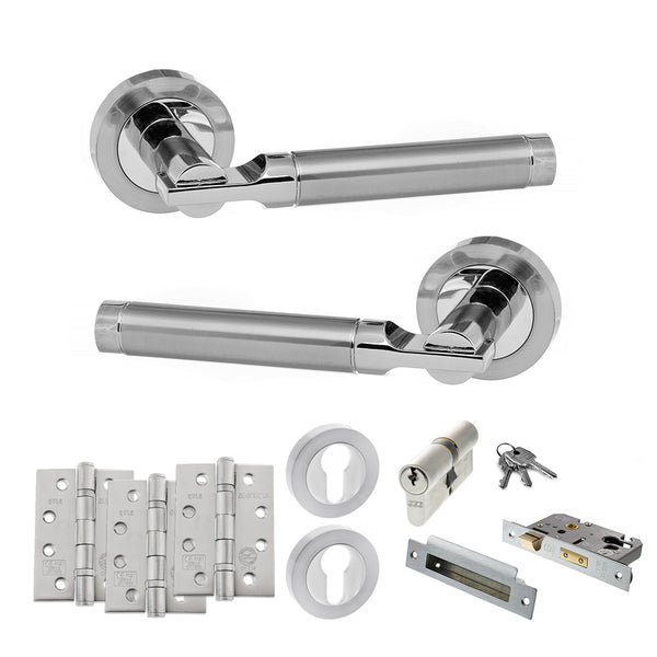 STATUS Dakota Door Handle Pack (Euro Lock Set - 2.5" CE Sashlock, 4" Fire Rated Hinges x3) - Satin Chrome/Polished Chrome - ADPS36RSCPC22 - Choice Handles