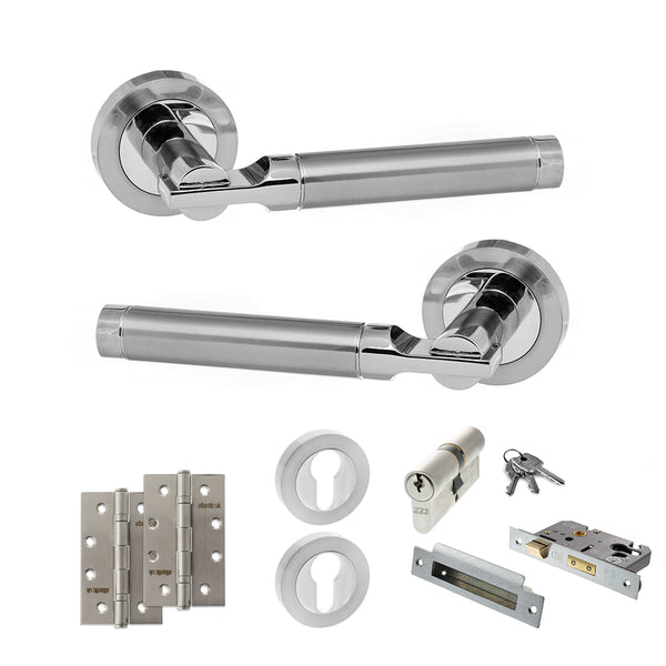 STATUS Dakota Door Handle Pack (Euro Lock Set - 3" CE Sashlock, 4" Slim Knuckle Hinges x2) - Satin Chrome/Polished Chrome - ADPS36RSCPC25 - Choice Handles