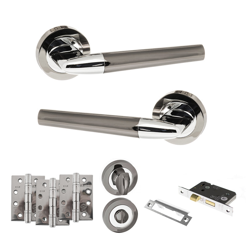 STATUS Tennessee Door Handle Pack (Bathroom Set - 2.5" CE Bathroom Lock, 4" Fire Rated Hinges x3) - Black Nickel/Polished Chrome - ADPS37RBNPC10 - Choice Handles