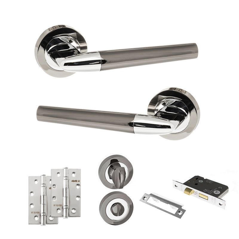 STATUS Tennessee Door Handle Pack (Bathroom Set - 2.5" CE Bathroom Lock, 4" Slim Knuckle Hinges x2) - Black Nickel/Polished Chrome - ADPS37RBNPC12 - Choice Handles