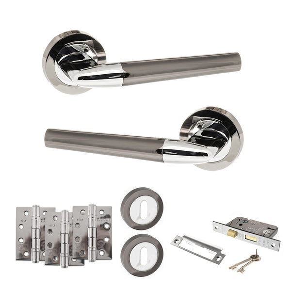 STATUS Tennessee Door Handle Pack (3 Lever Lock Set - 2.5" CE Sashlock, 4" Fire Rated Hinges x3) - Black Nickel/Polished Chrome - ADPS37RBNPC16 - Choice Handles