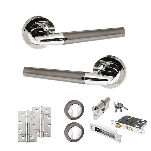 STATUS Tennessee Door Handle Pack (Euro Lock Set - 2.5" CE Sashlock, 4" Slim Knuckle Hinges x2) - Black Nickel/Polished Chrome - ADPS37RBNPC24 - Choice Handles