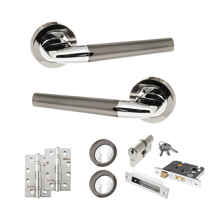 STATUS Tennessee Door Handle Pack (Euro Lock Set - 3" CE Sashlock, 4" Slim Knuckle Hinges x2) - Black Nickel/Polished Chrome - ADPS37RBNPC25 - Choice Handles