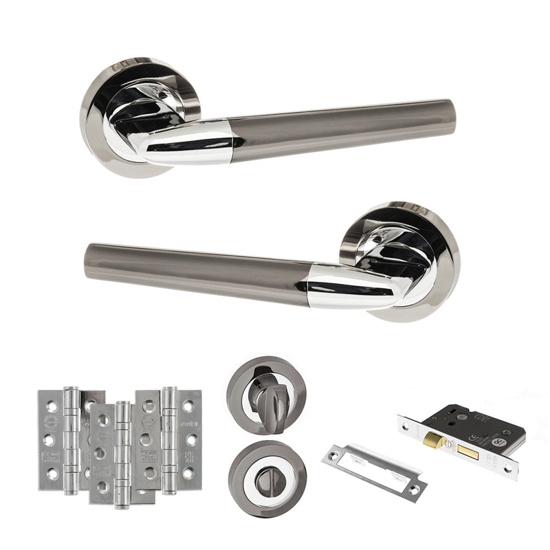 STATUS Tennessee Door Handle Pack (Bathroom Set - 3" CE Bathroom Lock, 3" Fire Rated Hinges x3) - Black Nickel/Polished Chrome - ADPS37RBNPC9 - Choice Handles