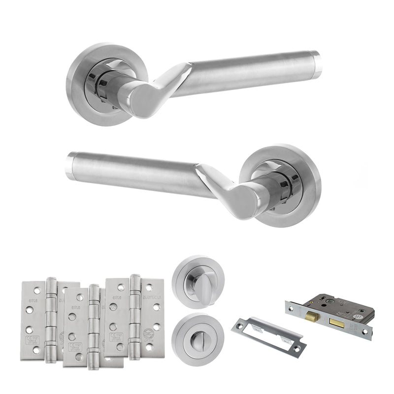 STATUS Hawaii Door Handle Pack (Bathroom Set - 3" CE Bathroom Lock, 4" Fire Rated Hinges x3) - Satin Chrome/Polished Chrome - ADPS38RSCPC11