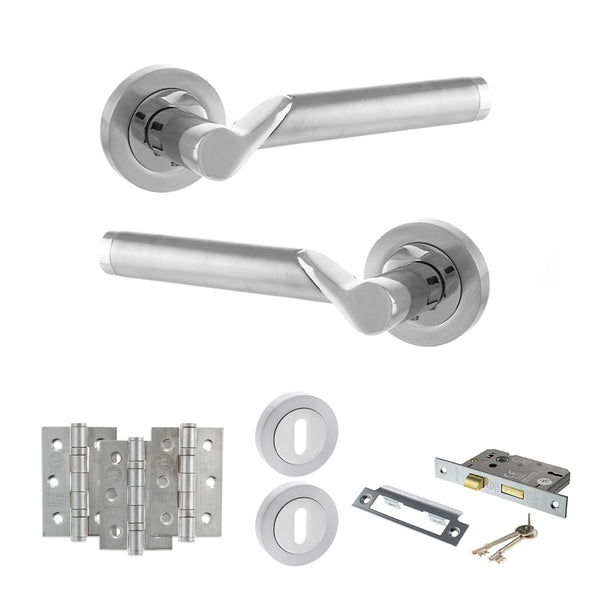 STATUS Hawaii Door Handle Pack (3 Lever Lock Set - 2.5" CE Sashlock, 3" Fire Rated Hinges x3) - Satin Chrome/Polished Chrome - ADPS38RSCPC14 - Choice Handles