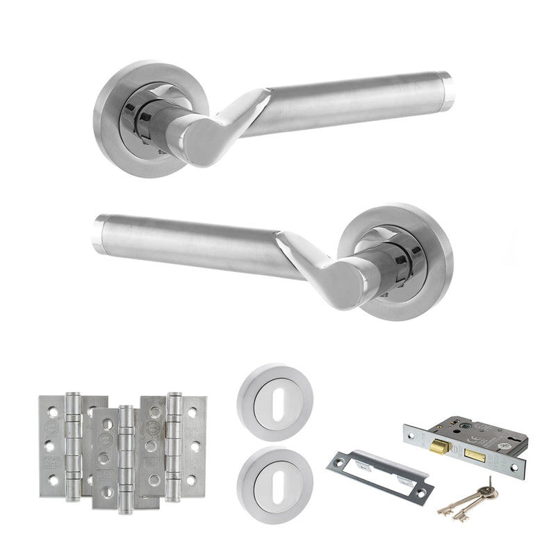 STATUS Hawaii Door Handle Pack (3 Lever Lock Set - 2.5" CE Sashlock, 3" Fire Rated Hinges x3) - Satin Chrome/Polished Chrome - ADPS38RSCPC14 - Choice Handles