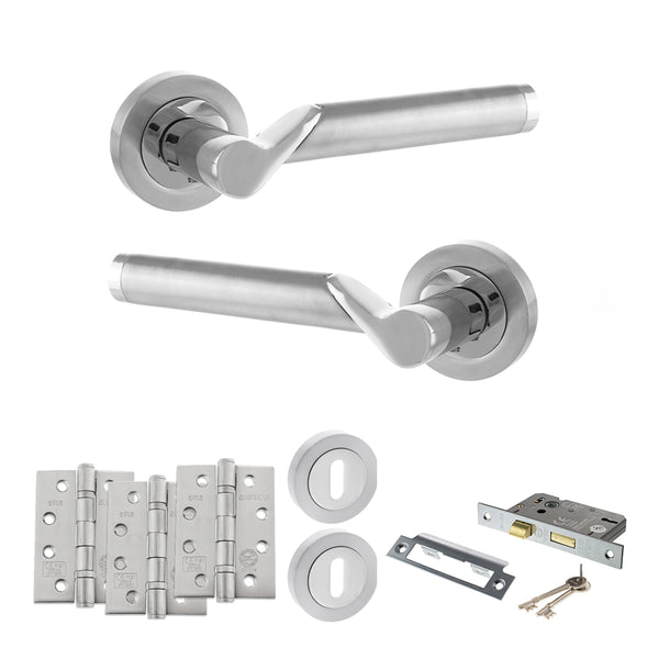 STATUS Hawaii Door Handle Pack (3 Lever Lock Set - 2.5" CE Sashlock, 4" Fire Rated Hinges x3) - Satin Chrome/Polished Chrome - ADPS38RSCPC16 - Choice Handles
