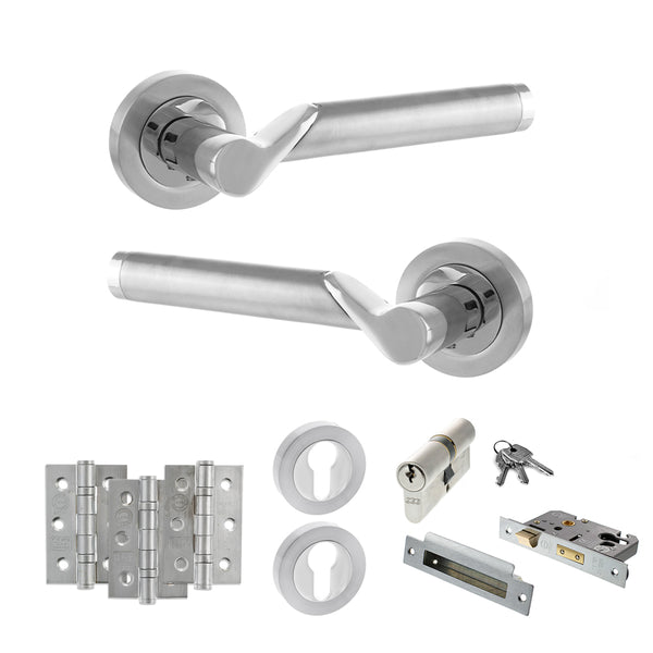 STATUS Hawaii Door Handle Pack (Euro Lock Set - 2.5" CE Sashlock, 3" Fire Rated Hinges x3) - Satin Chrome/Polished Chrome - ADPS38RSCPC20 - Choice Handles