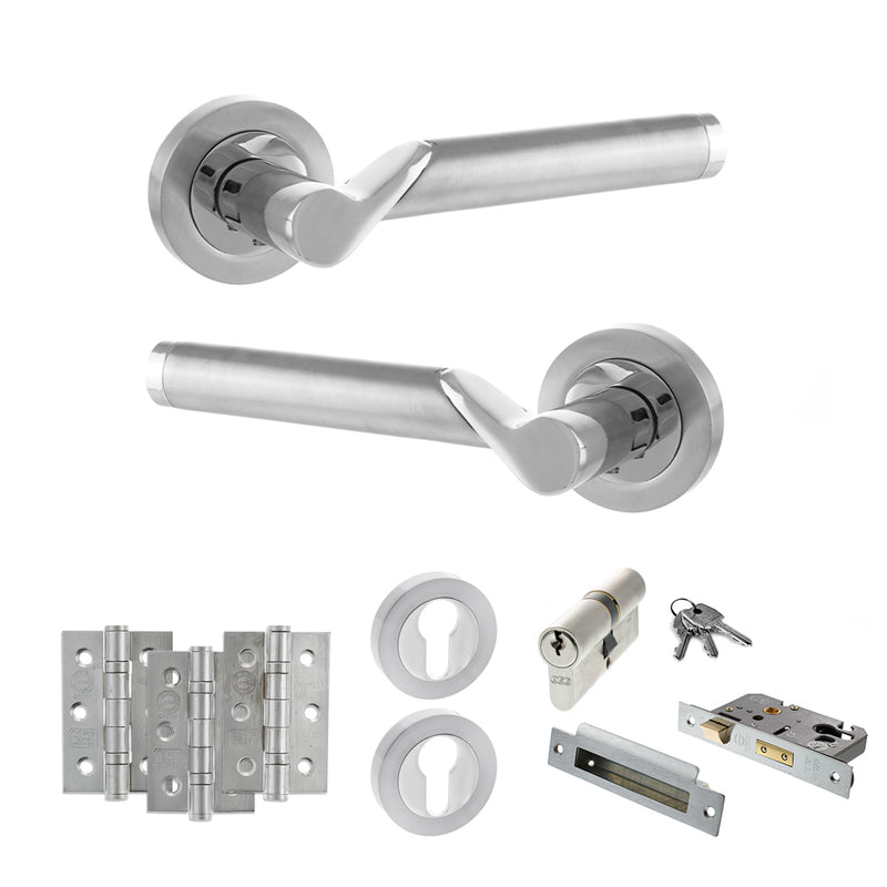STATUS Hawaii Door Handle Pack (Euro Lock Set - 2.5" CE Sashlock, 3" Fire Rated Hinges x3) - Satin Chrome/Polished Chrome - ADPS38RSCPC20 - Choice Handles