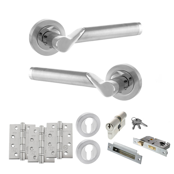 STATUS Hawaii Door Handle Pack (Euro Lock Set - 2.5" CE Sashlock, 4" Fire Rated Hinges x3) - Satin Chrome/Polished Chrome - ADPS38RSCPC22 - Choice Handles