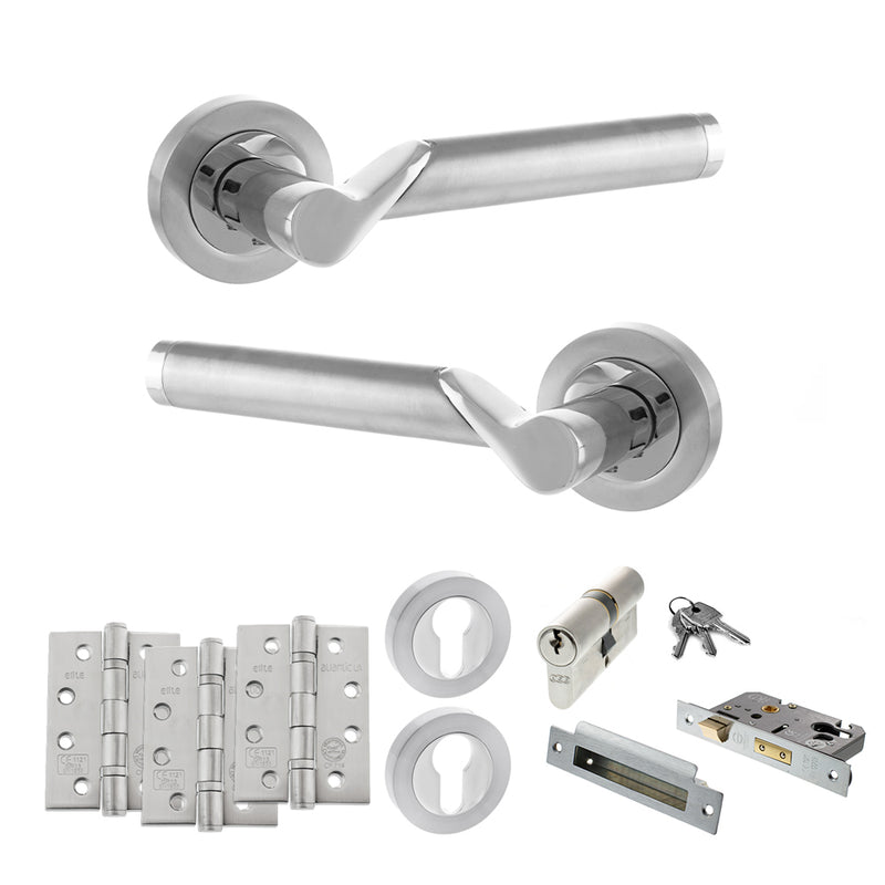 STATUS Hawaii Door Handle Pack (Euro Lock Set - 2.5" CE Sashlock, 4" Fire Rated Hinges x3) - Satin Chrome/Polished Chrome - ADPS38RSCPC22 - Choice Handles