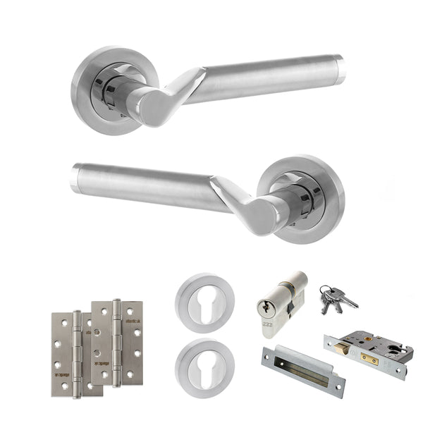 STATUS Hawaii Door Handle Pack (Euro Lock Set - 2.5" CE Sashlock, 4" Slim Knuckle Hinges x2) - Satin Chrome/Polished Chrome - ADPS38RSCPC24 - Choice Handles