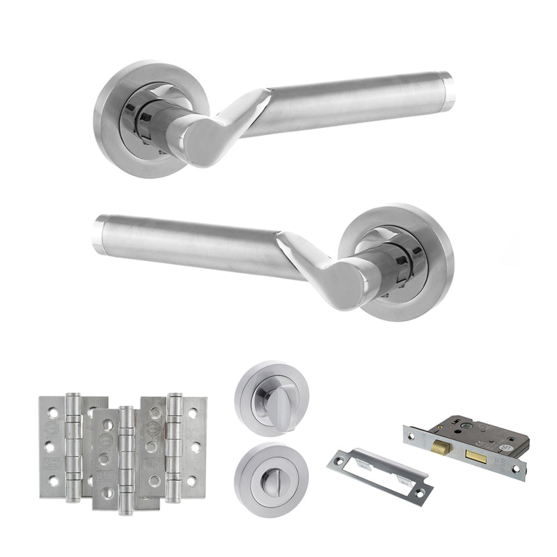 STATUS Hawaii Door Handle Pack (Bathroom Set - 3" CE Bathroom Lock, 3" Fire Rated Hinges x3) - Satin Chrome/Polished Chrome - ADPS38RSCPC9