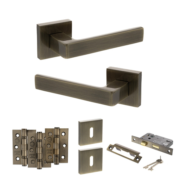 STATUS Montana Door Handle Pack (3 Lever Lock Set - 3" CE Sashlock, 3" Fire Rated Hinges x3) - Antique Brass - ADPS40SAB15 - Choice Handles