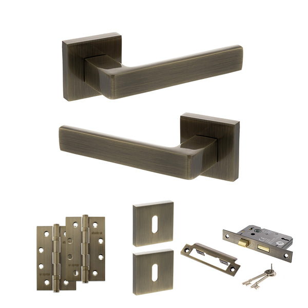 STATUS Montana Door Handle Pack (3 Lever Lock Set - 3" CE Sashlock, 4" Slim Knuckle Hinges x2) - Antique Brass - ADPS40SAB19 - Choice Handles