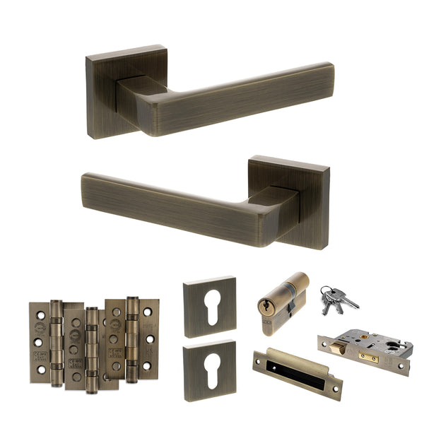 STATUS Montana Door Handle Pack (Euro Lock Set - 3" CE Sashlock, 3" Fire Rated Hinges x3) - Antique Brass - ADPS40SAB21 - Choice Handles