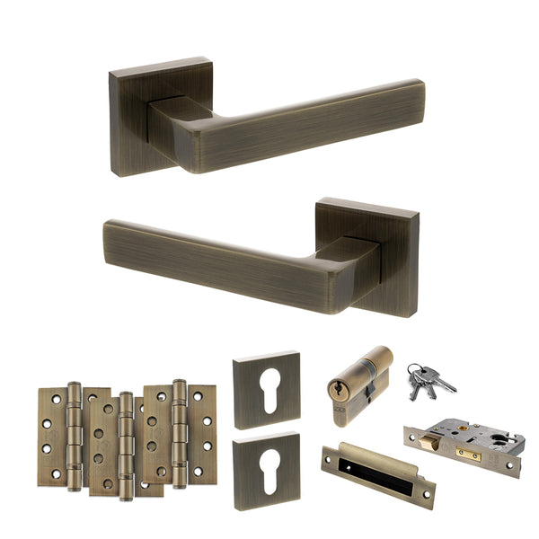 STATUS Montana Door Handle Pack (Euro Lock Set - 3" CE Sashlock, 4" Fire Rated Hinges x3) - Antique Brass - ADPS40SAB23 - Choice Handles