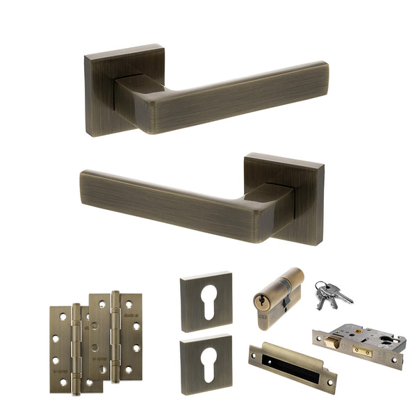 STATUS Montana Door Handle Pack (Euro Lock Set - 3" CE Sashlock, 4" Slim Knuckle Hinges x2) - Antique Brass - ADPS40SAB25 - Choice Handles