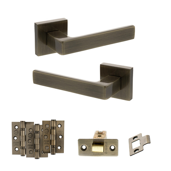 STATUS Montana Door Handle Pack (Latch Set - 3" CE Latch, 3" Fire Rated Hinges x3) - Antique Brass - ADPS40SAB2 - Choice Handles